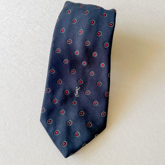 VTG Yves Saint Laurent Mens 100 Silk Tie Navy & Red Dots, Embroidered Logo EUC - Picture 10 of 10